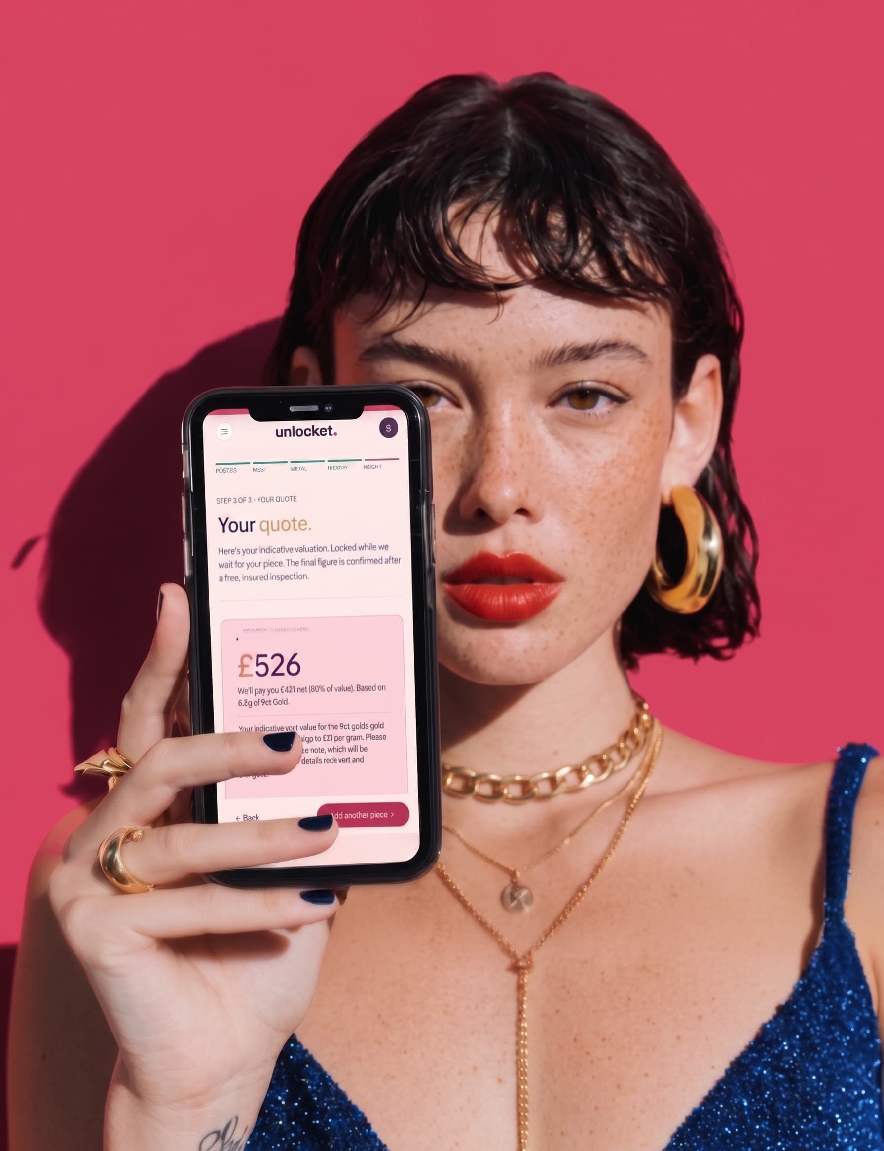 A woman holding a phone that shows her Unlocket jewellery valuation quote of £526