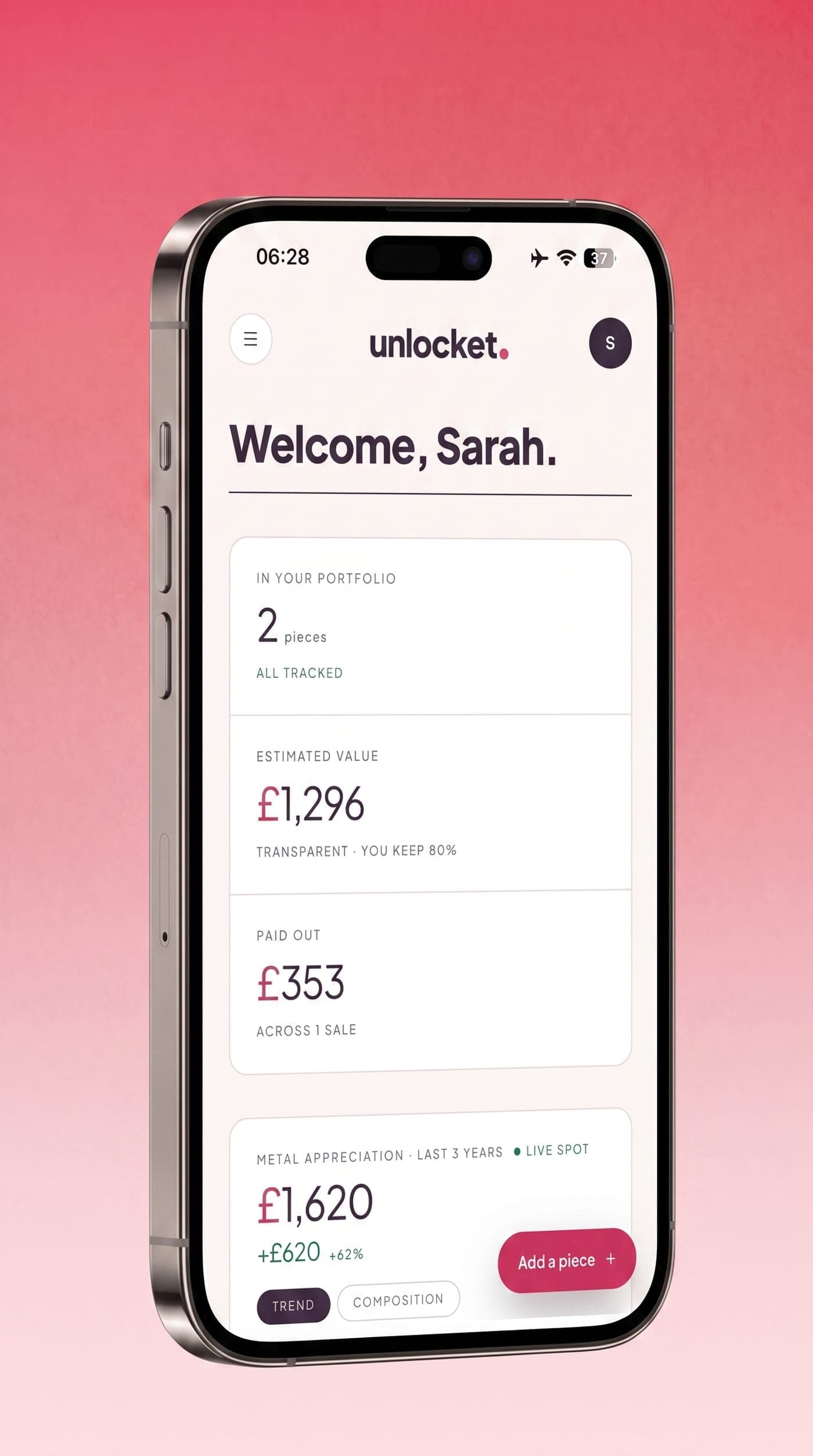 The Unlocket app valuing a piece against live metal prices