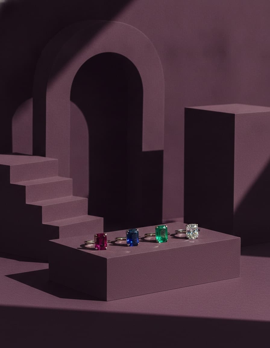 Four gemstone rings, ruby, sapphire, emerald and diamond, lined up on a mauve plinth