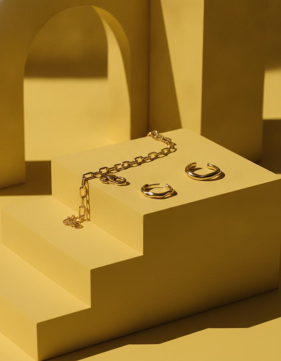 A broken gold chain bracelet and two gold ear cuffs resting on a yellow stepped plinth