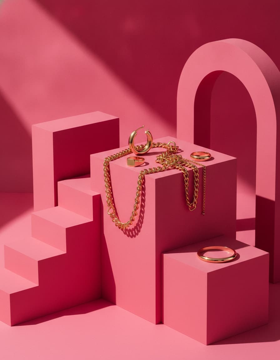 Gold chains and rings styled on pink geometric plinths