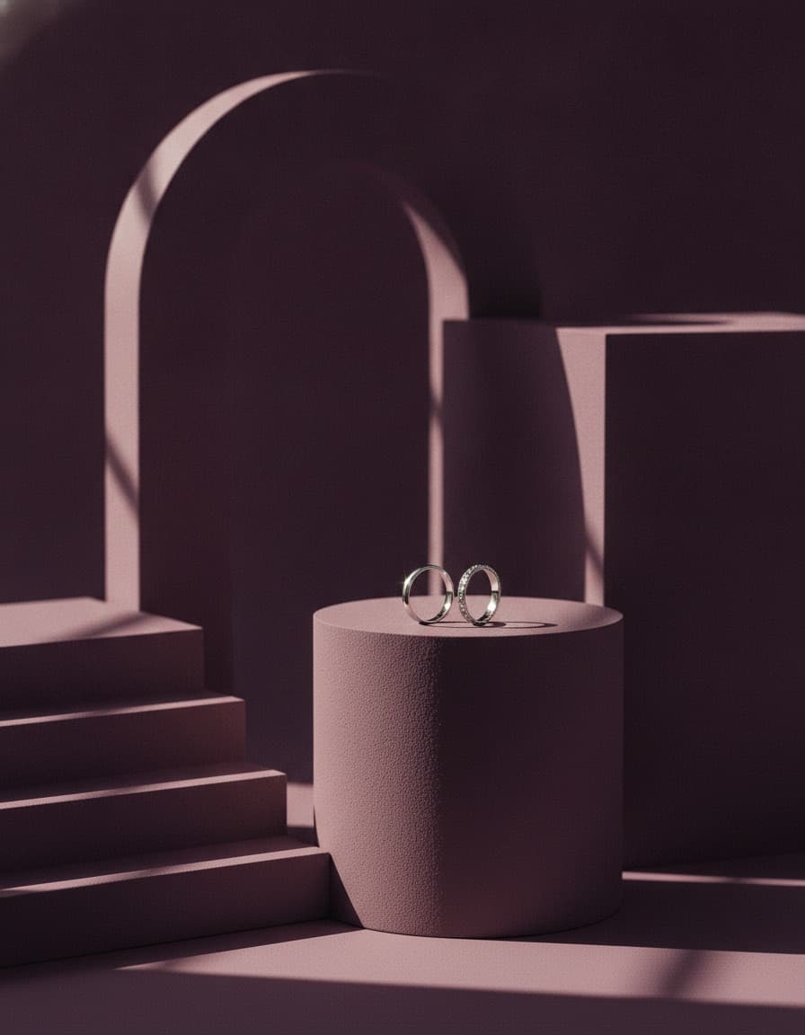 Two platinum rings on a plum cylinder in front of a dark arch