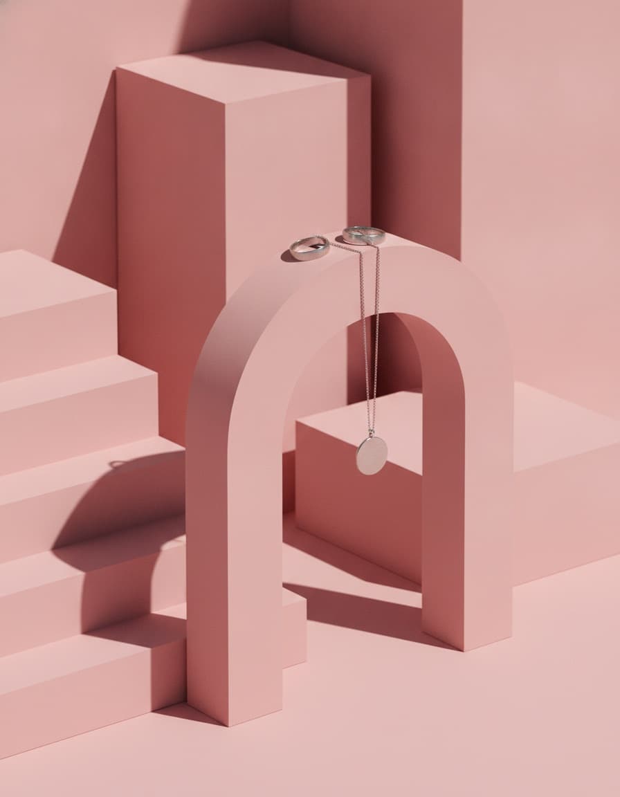 A platinum pendant on a chain hanging inside a blush-pink arch