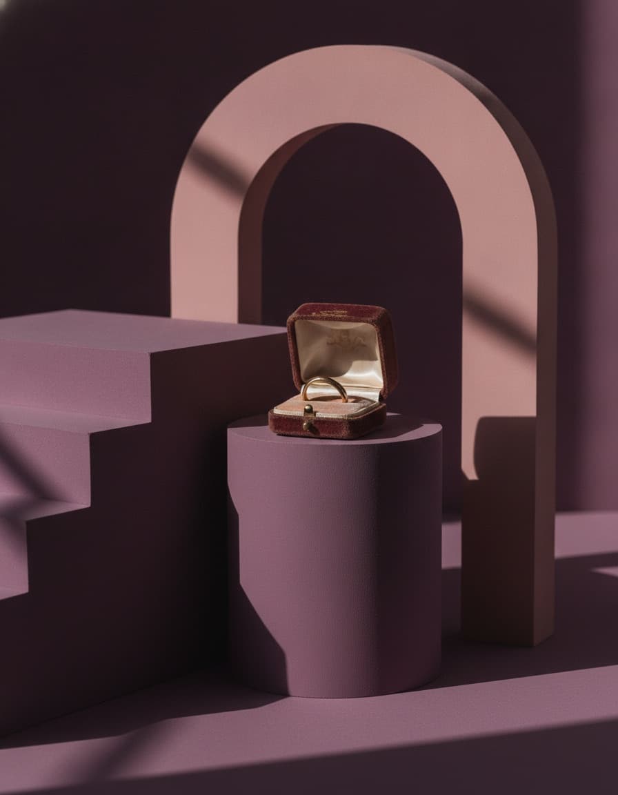 An inherited ring in an old red leather box on a plum plinth in front of an arch