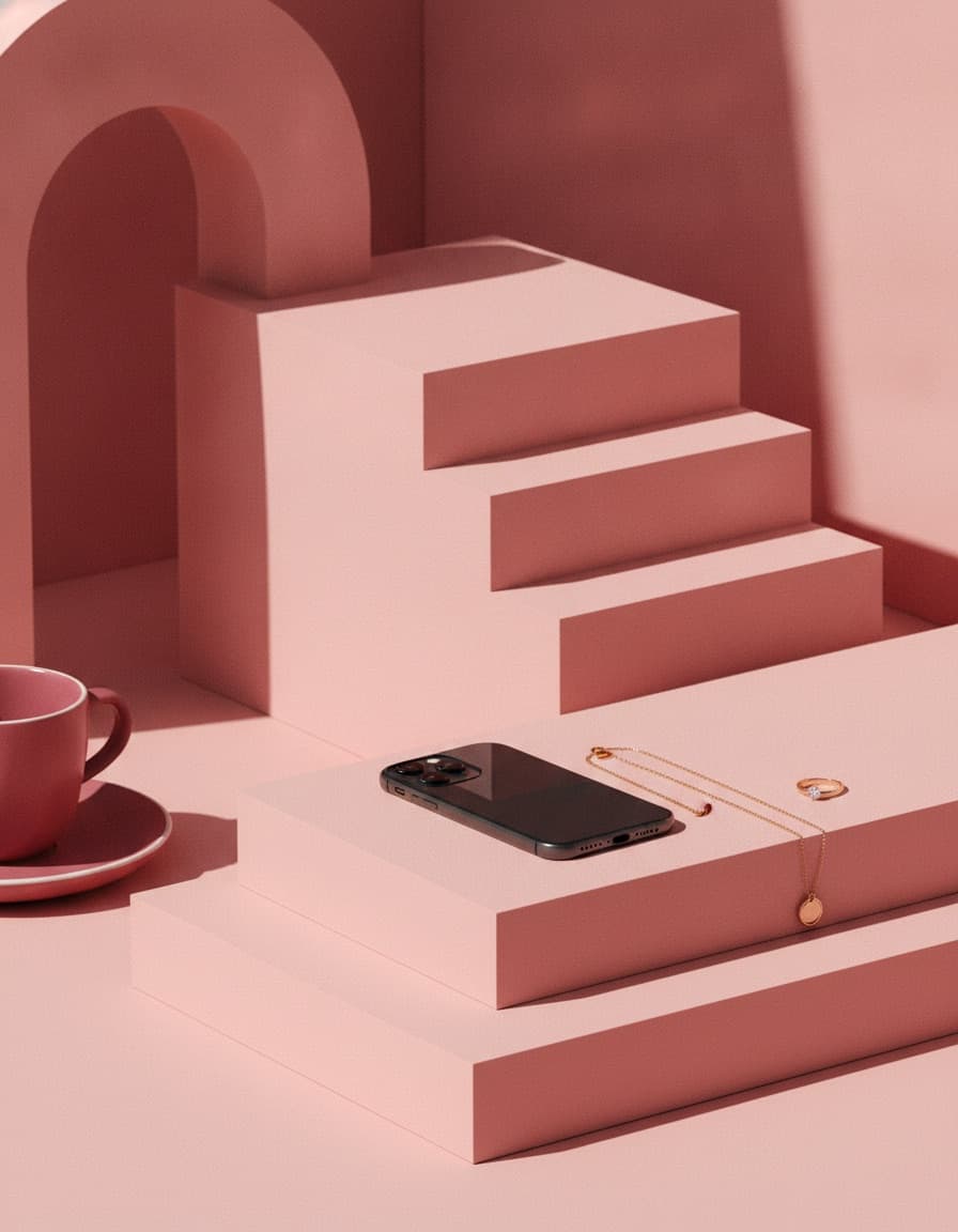 A phone resting on a pink stepped plinth beside a gold necklace and a coffee cup, as if photographing jewellery at home