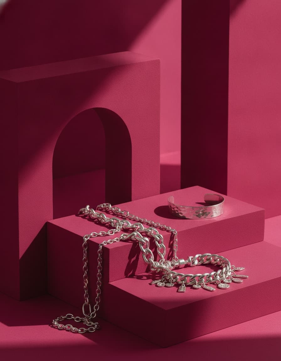 Silver chains and a cuff bracelet on raspberry-pink steps