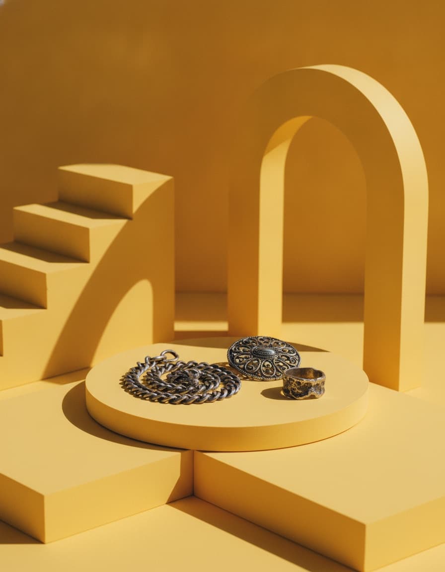Tarnished silver chains and rings arranged on a yellow plinth under an arch